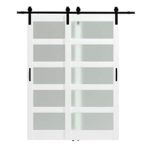 72 in. x 84 in. (Double 36 in. Doors) Frosted Glass, White, MDF, Painted, Double 5-Lite Sliding Barn Door Hardware Kit