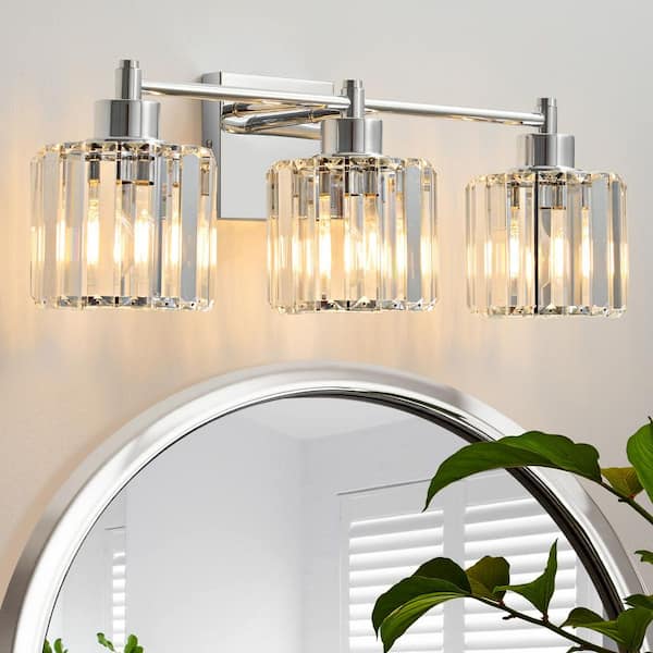Modern Luxury 22 in. 3-Light Chrome Dimmable Bathroom Vanity Light with Crystal Shades