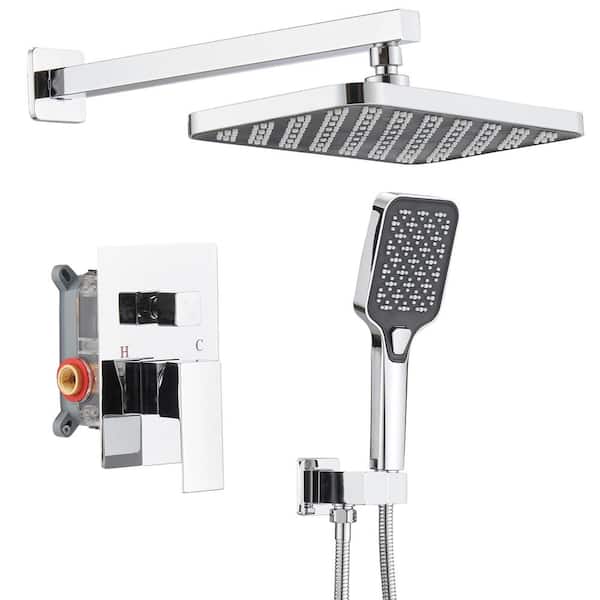 HOMEMYSTIQUE Single Handle 2-Spray 12 in. Square Rainfall Shower Faucet 2.5 GPM with High Pressure in. Chrome（Valve Included）