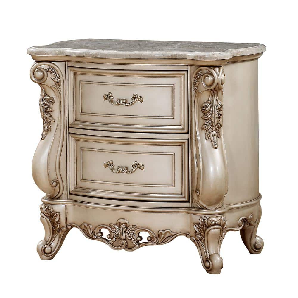 Gorsedd Antique Champagne 2-Drawer Nightstand with Marble Top