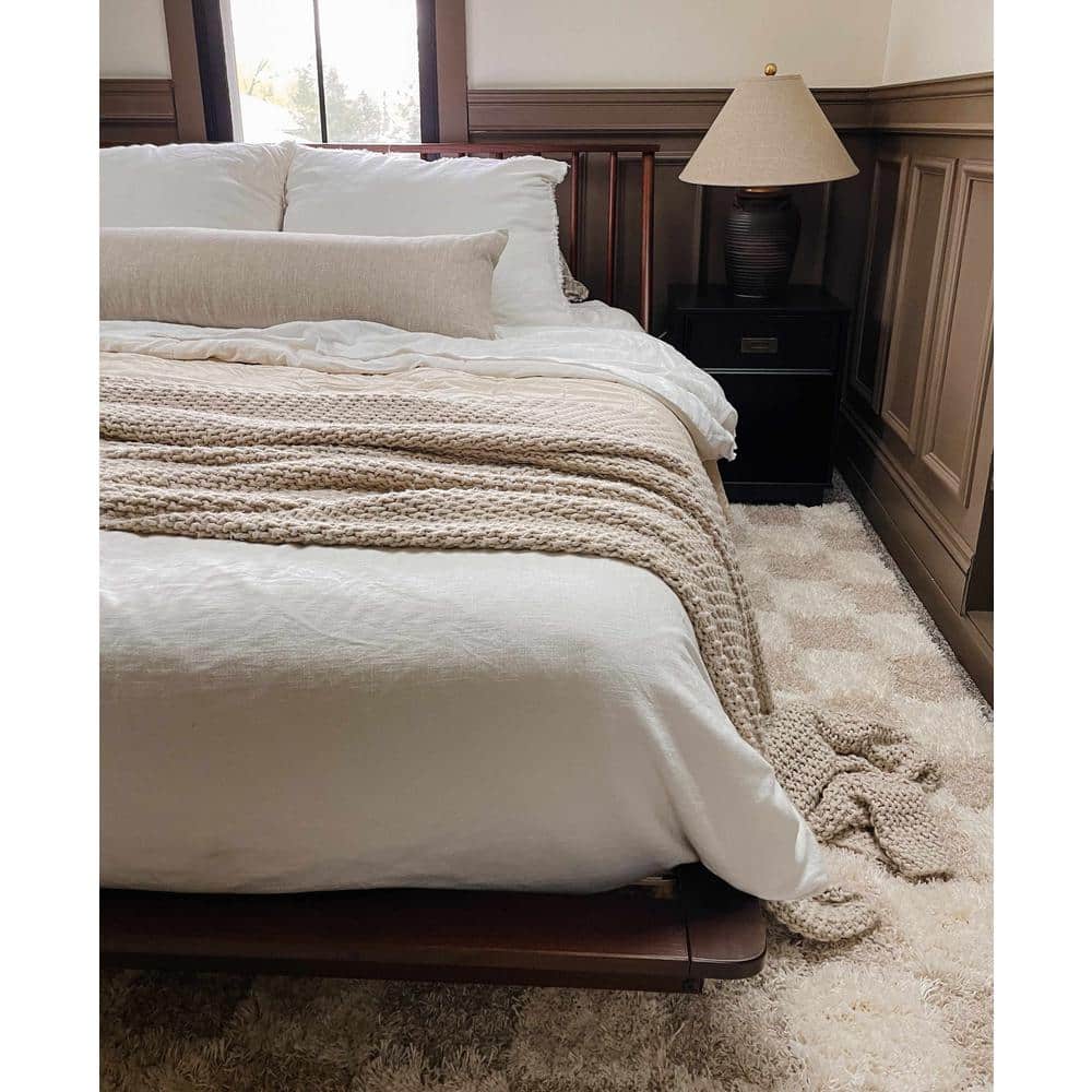 Hauteloom Etiler Checkered Shag Area Rug - Checkboard Design - High Pile Fluffy Shaggy Touch - Square Tiles - Kids Room, Nursery, Living Room Shaggy Carpet - Beige, Cream, White - 7'10" x 10'3"