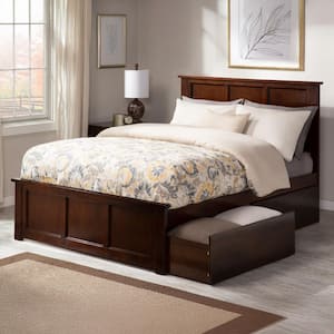 Madison Walnut Brown Solid Wood Frame Full Platform Bed with Matching Footboard and Storage Drawers