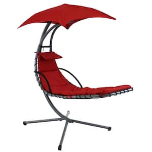Steel Outdoor Floating Chaise Lounge Chair with Polyester Burnt Orange Cushions and Canopy