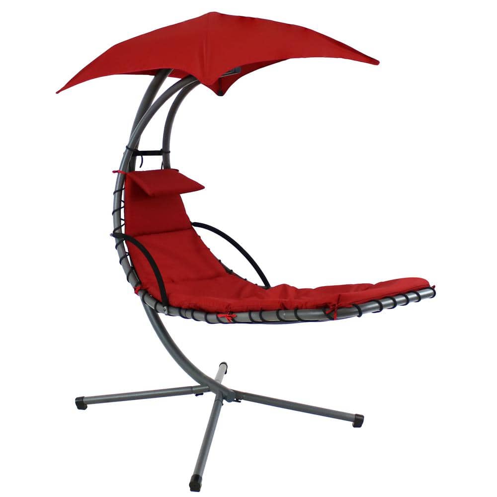 Red Steel Outdoor Hanging Chaise Lounge Chair with Canopy