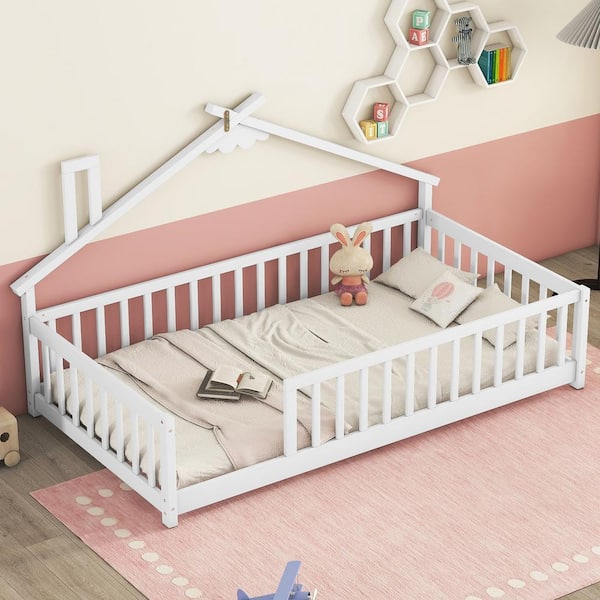 Harper & Bright Designs White Wood Frame Twin Size House Floor Bed with Chimney Design, Fence Guardrails, Slats