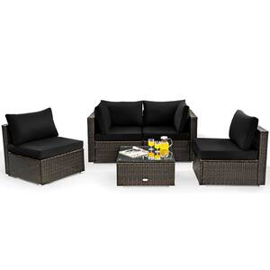 Black 5-Piece Wicker Steel Patio Furniture Set with Black Cushions