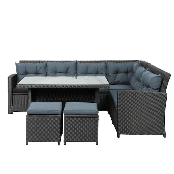 Tunearary 6Piece Rattan Black Wicker Outdoor Sectional Set with Gray Cushion Table Ottoman