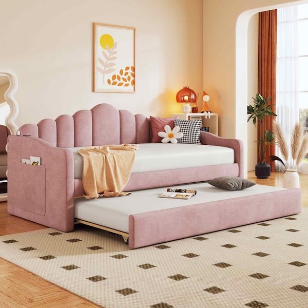 Pink Twin Size Daybed with Trundle, Velvet Sofabed with USB Charging Ports
