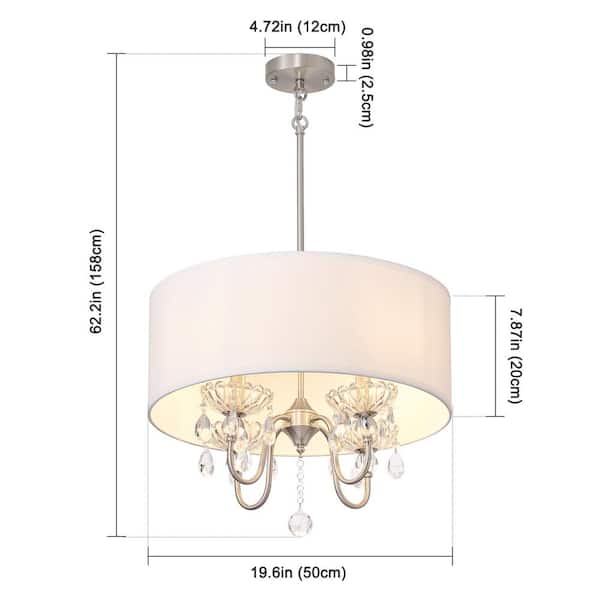 Kinlea 4 Light Brushed Nickel Modern Drum Chandelier with Fabric Shade and Elegant Crystal for Bedroom, Hallway, Foyer