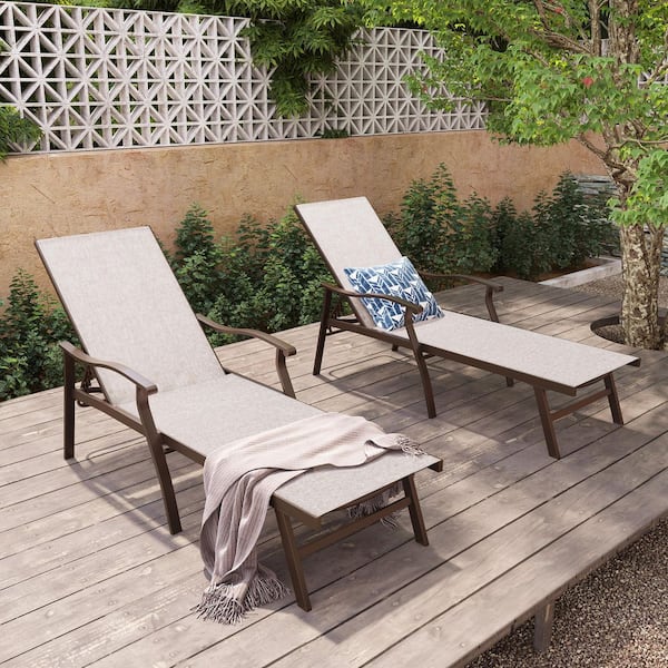 Metal Aluminum Outdoor Chaise Lounge Chairs Set of 2 with Arms, Adjustable Patio Lounger, Brown