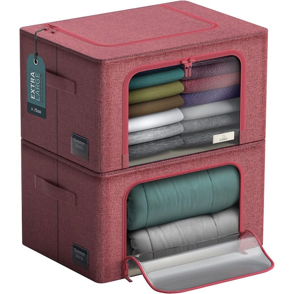 Pink 24 in. x 14 in. Fabric Decorative Box Set of 2, Jumbo Stackable Storage Bins with Metal Frame, Window, & Handles