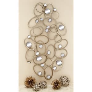 60 in. x  33 in. Metal Silver Geometric Wall Decor with Round Mirrored Accents