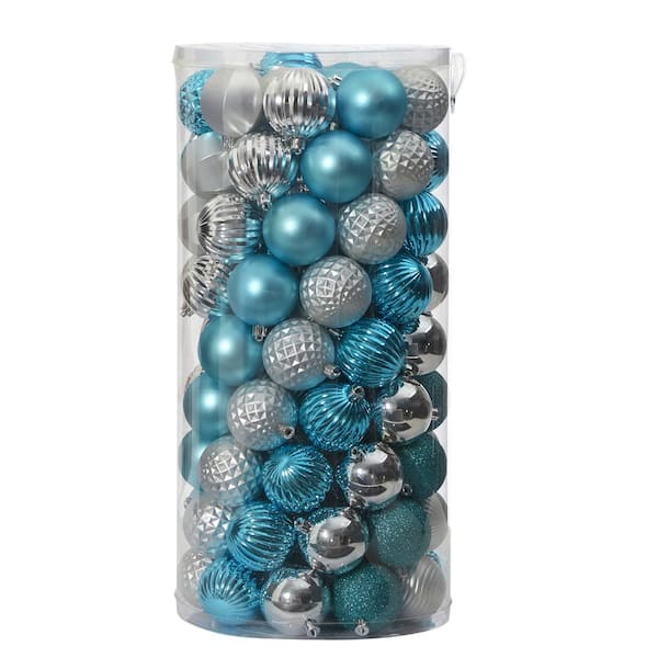 Holiday 2 in. Blue Shatterproof Christmas Tree Ornament Set with Re-Useable Tube (101-Count)