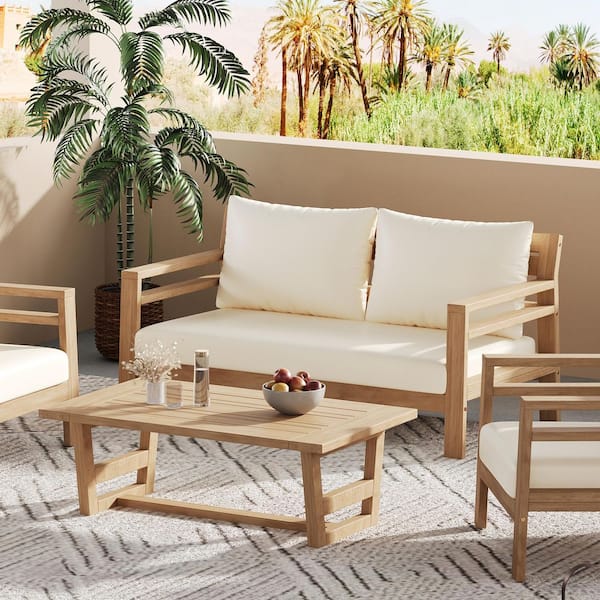 CHRISTOPHER KNIGHT HOME Pines 2-Pieces Outdoor Patio 2-Seat Sofa and Coffee Table Set with Beige Cushions, Acacia Wood, Light Teak