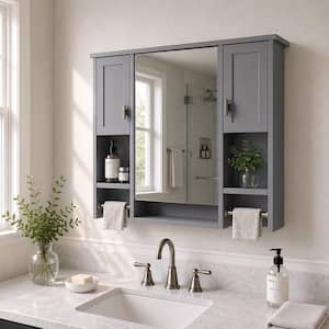 Nova 35 in. W x 28 in. H Rectangular MDF Surface Mount Framed Medicine Cabinet with Mirror in Gray