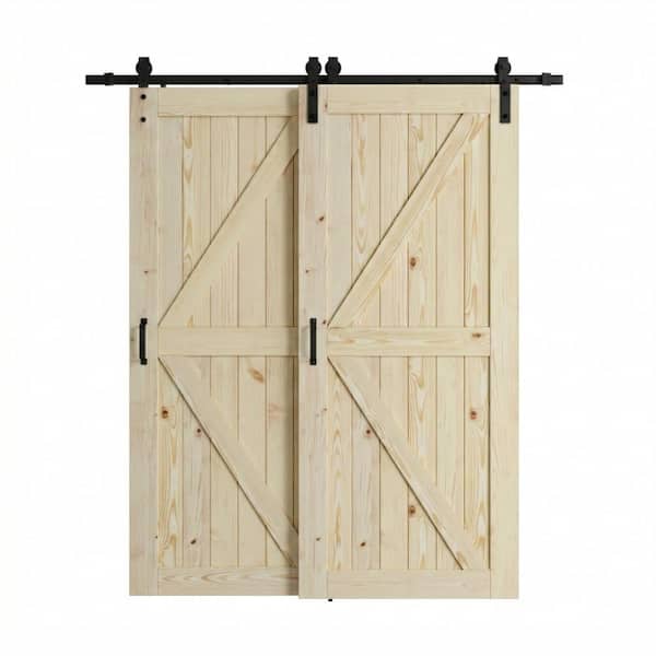 77 in. x 80 in. (double 42 in.) K-Style Wood Unfinished Assembly Required Bypass Sliding Barn Door with Hardware Kit