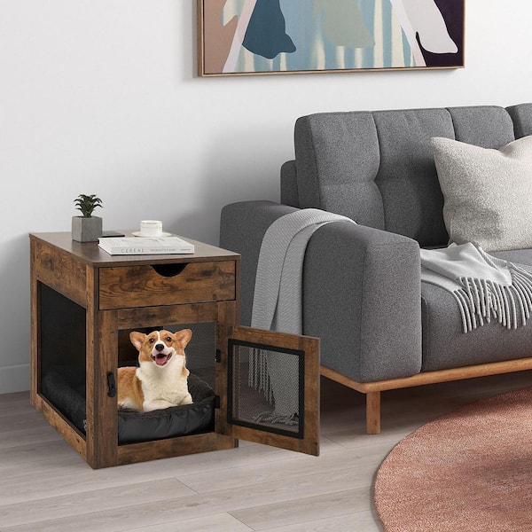 Gymax 19.5 in. Wood Coffee Rectangle MDF Top Furniture Style Dog Crate Cage End Table w/ Lockable Door Chew-Proof Metal Grid