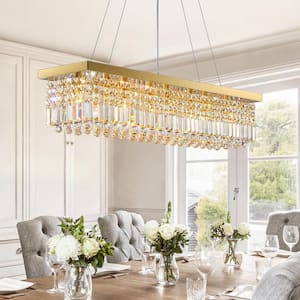 Modern 8-Lights Gold Rectangular Raindrop Crystal Chandelier Pendant Lighting for Dining Room Kitchen Island