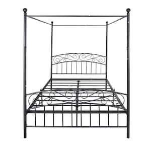 59.84 in. Wide Black Metal Queen Canopy Bed Frame With Ornate European Style Headboard and Footboard Sturdy Steel