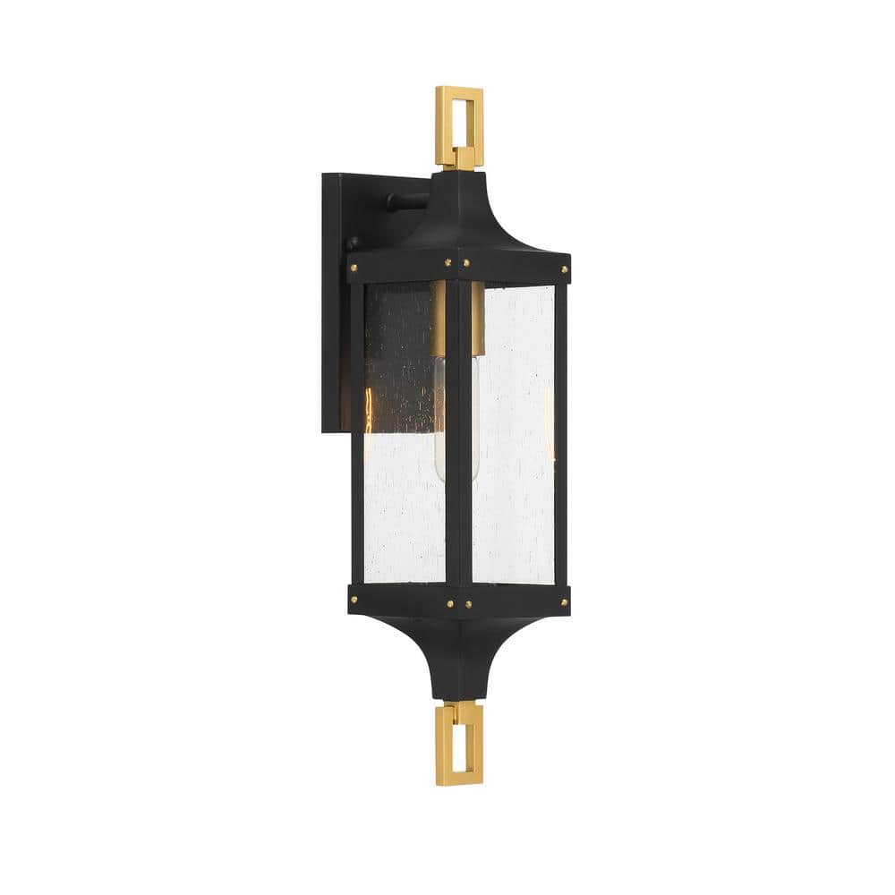 Matte Black and Brass Outdoor Wall Lantern with Clear Seeded Glass