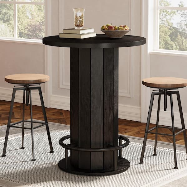 Kearsten 39.8 in. H Black Round Bar Table, Bar Height Circle Kitchen Table with Metal Footrest for Bar, Pub