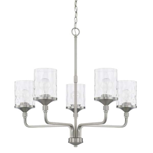 Colton 28 in. W x 26.5 in. H 5-Light Clear Water Glass Chandelier in Brushed Nickel