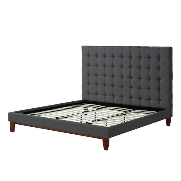 Inspired Home Telford Grey Linen Button Tufted Platform King Bedframe