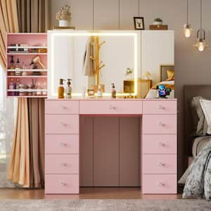 Pink Vanity Desk With Power Outlet, Makeup Vanity Table With Mirror 3-Color and Brightness Adjustable 11-Drawers