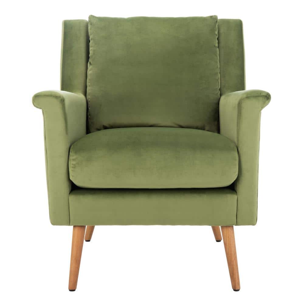 Olive Velvet and Natural Wood Mid-Century Arm Chair
