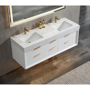 60 in. W x 20.9 in. D x 21.3 in. H Wall Mount Bath Vanity in White, White Cultured Marble Top, LED Light, Double Sinks