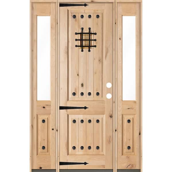 Krosswood Doors 58 in. x 96 in. Mediterranean Alder Sq-Top Clear Low-E Unfinished Wood Left-Hand Prehung Front Door with Half Sidelites