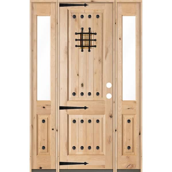 Krosswood Doors 60 in. x 96 in. Mediterranean Alder Sq-Top Clear Low-E Unfinished Wood Left-Hand Prehung Front Door with Half Sidelites