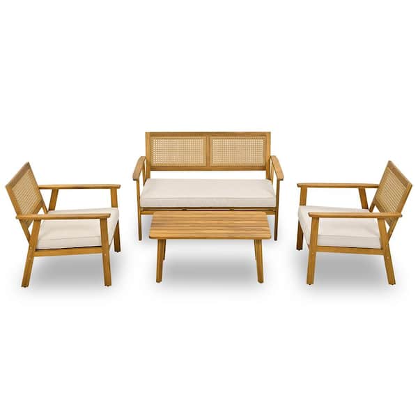 Sudzendf Natural Wood Wash 4-Piece Wood Outdoor Patio Conversation Set with Beige Cushions