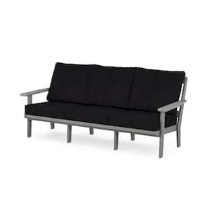 Oxford Plastic Outdoor Deep Seating Couch in Slate Grey with Midnight Linen Cushions