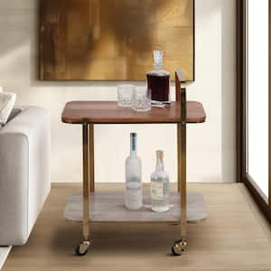 31 in. Gold Metal/Wood  2-Tier Bar Cart on Wheels