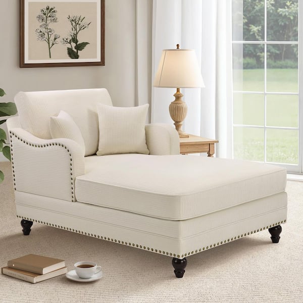 Aglaea Beige Chenille Upholstered Double Arm Sofa 3-Level Adjustable Backrest Chaise Lounge Chair with Pillows