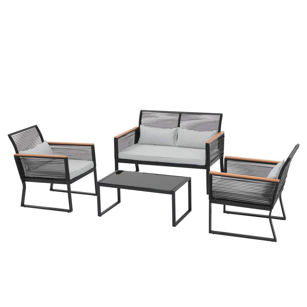 Black 4-Piece Wicker Outdoor Patio Conversation Set with Light Grey Cushion