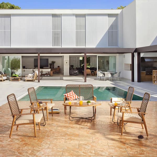 Patio Festival 8-Piece Metal Patio Conversation Set with Beige Cushions