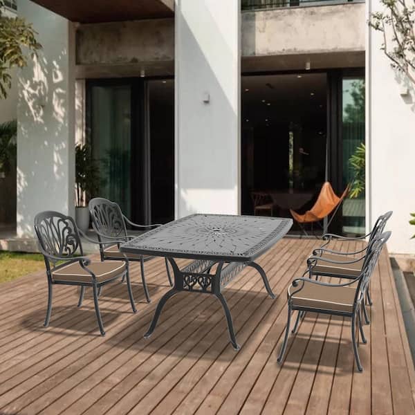 Willit Elizabeth 5-Piece Cast Aluminum Outdoor Dining Set with 63.78 in. x 40.16 in. Rectangular Table and Random Color Cushion