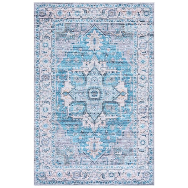 SAFAVIEH Martha Stewart Washable Gray/Turquoise 4 ft. x 6 ft. Machine Washable Floral Medallion Area Rug