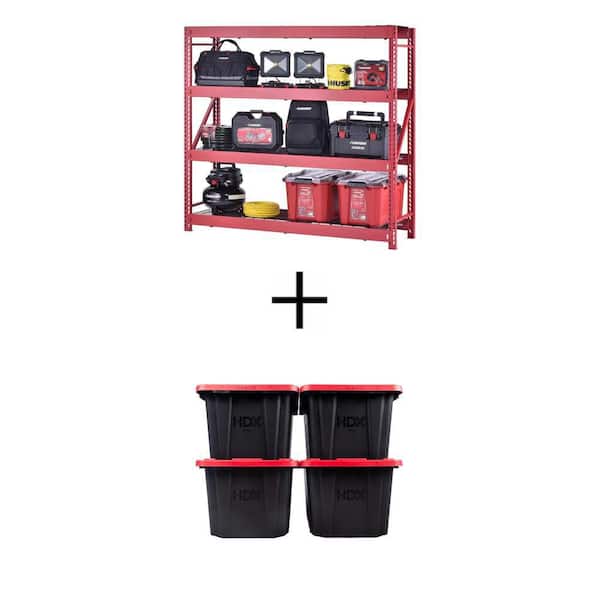 4-Tier Steel Garage Shelving (77 in.x72 in.x24 in.) with 27 Gal. Black Storage Totes with Red Lids Combo (4-Pack)