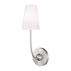 Shannon 5.25 in. 1 Light Brushed Nickel Wall Sconce Light with White Fabric Shade with No Bulbs Included