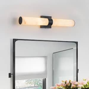Divine 23.6 in. W 1-Light Matte Black Solid Stone Bathroom LED Vanity Light Cylinder Cloudstone Marble Glow Wall Sconce