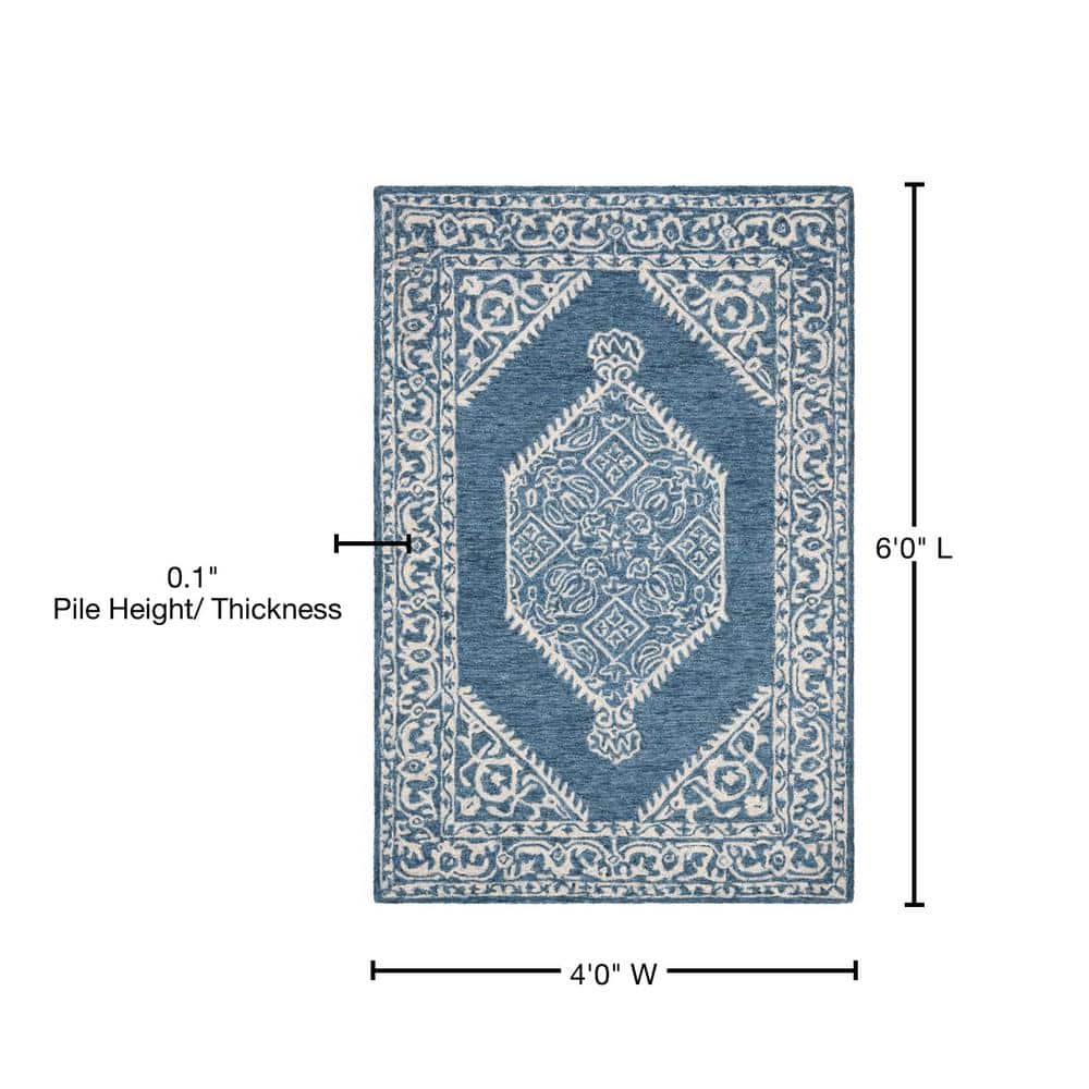 Blue and Ivory Tufted Wool 4' x 6' Area Rug
