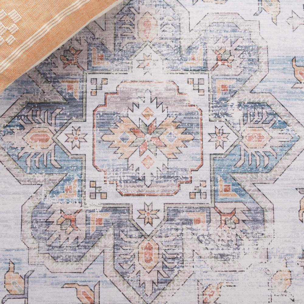 Ivory and Light Blue Weathered Medallion Washable Area Rug