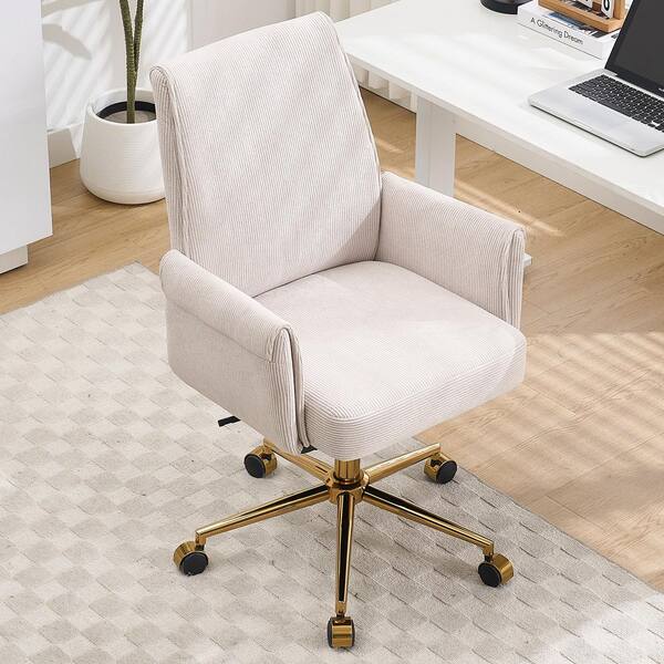 Corduroy Fabric Seat Adjustable Heighe Swivel Office Chair in Cream for Office, Bedroom