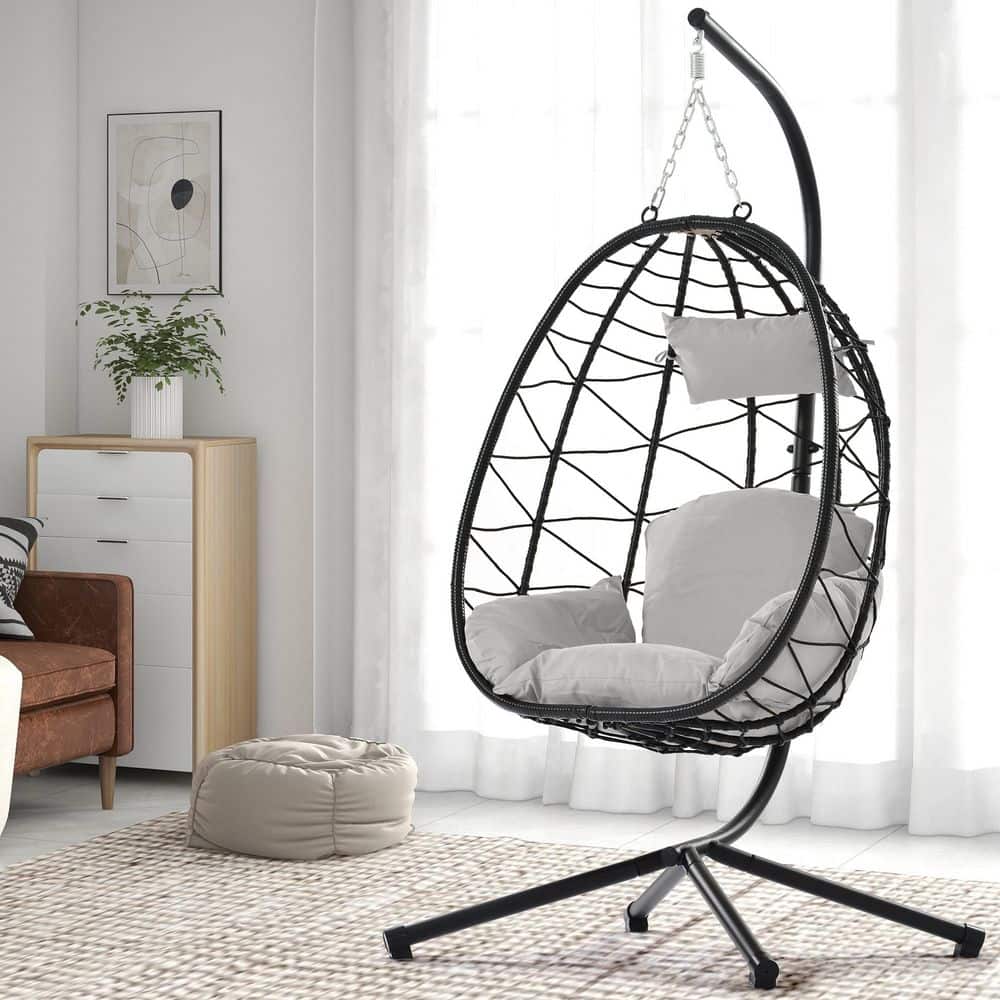 Outdoor Garden Rattan Wood Egg Swing Chair Hanging Chair With Yellow Cushio