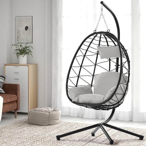 Unbranded Outdoor Garden Rattan Wood Egg Swing Chair Hanging Chair With Yellow Cushion