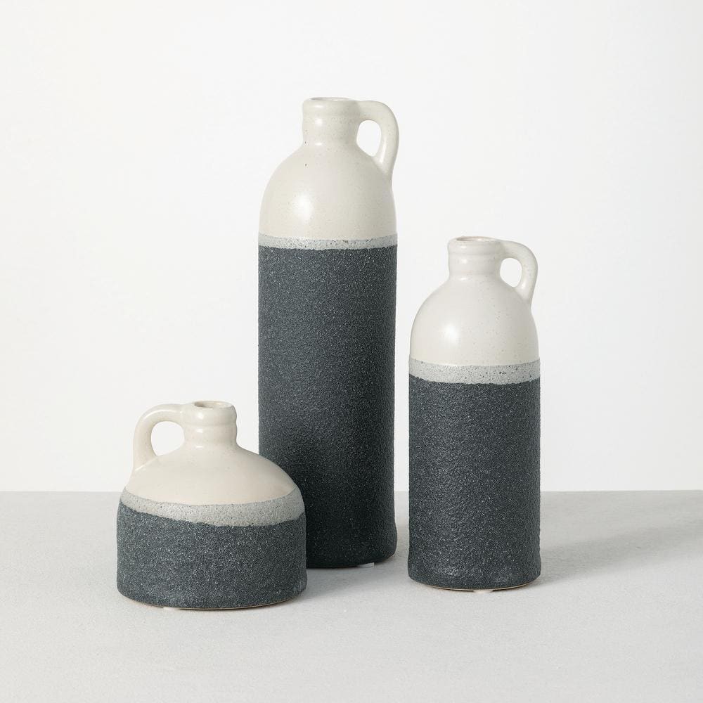 Set of 3 White and Black Textured Ceramic Jug Vases