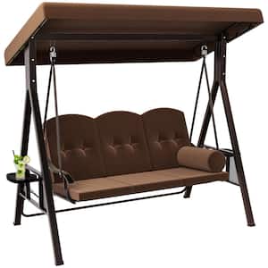 3-Seat Brown Deluxe Metal Outdoor Patio Swing Chair with Converting Canopy and Removable Cushions